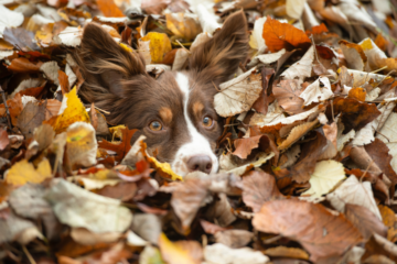 a brown and white dog with head showing just above a pile of dead leaves